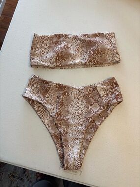 Brown Snake Print Bandeau Bikini Set